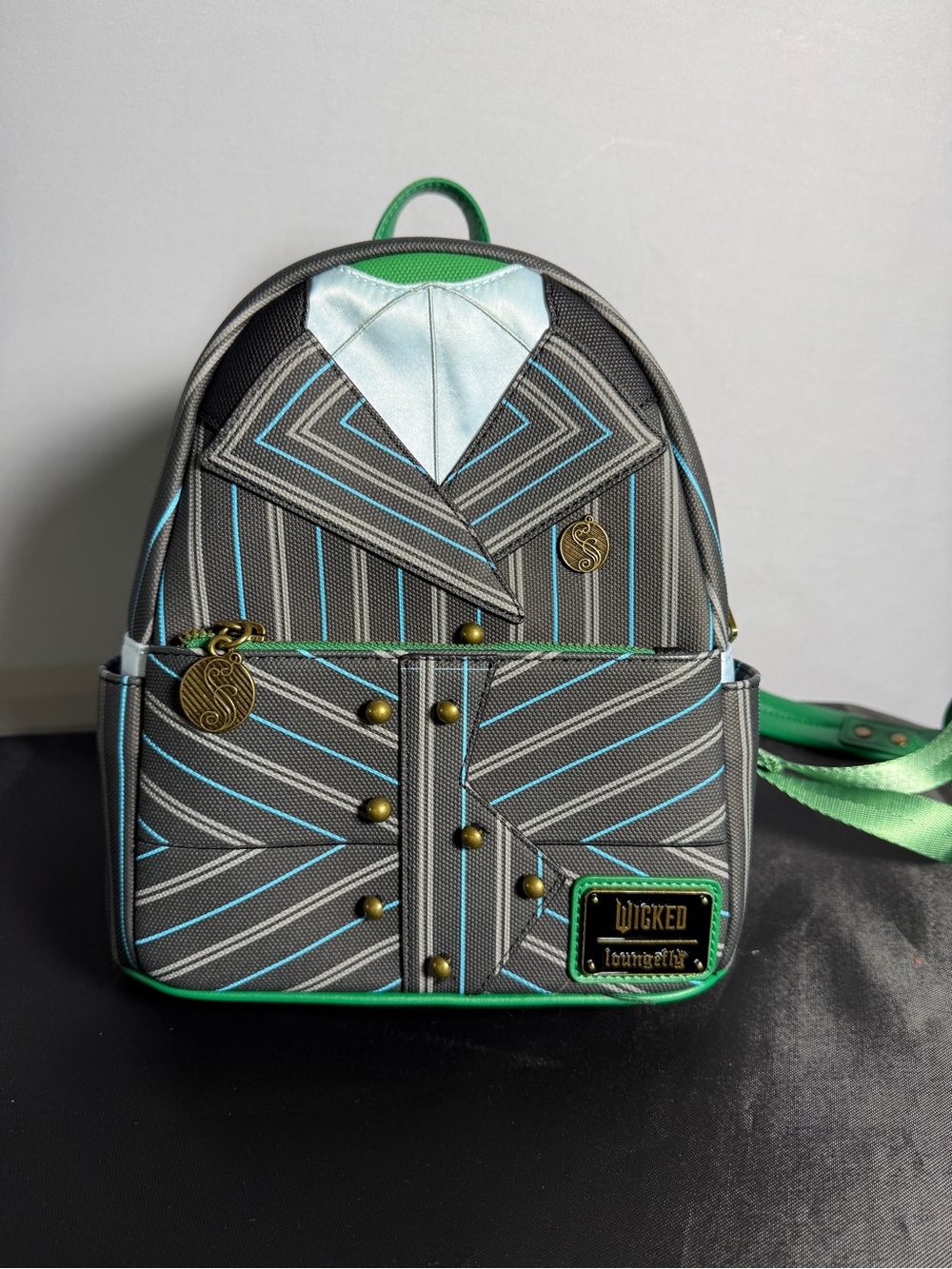 Loungefly Wicked Gray Mini Backpack with Green & Blue Accents